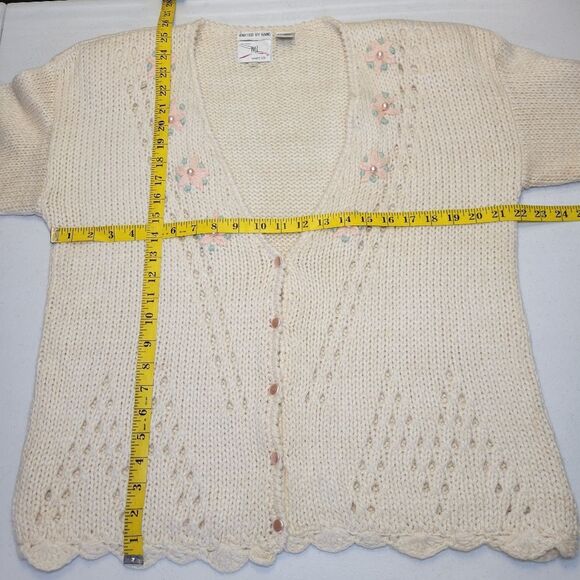Vintage Hand Knit Cream with Pastel Floral Women's Cardigan Sweater Pointelle - Picture 12 of 13
